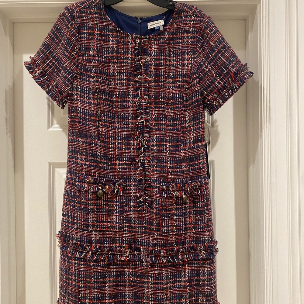 Tweed look mini dress - navy red and cream